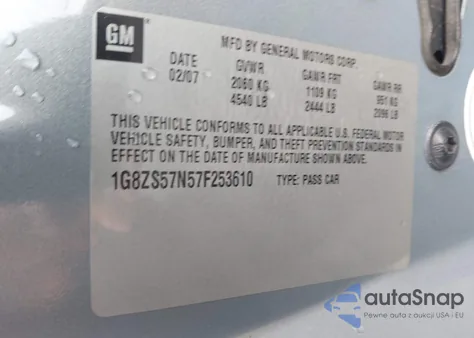 2007 Saturn Aura Xe z USA, uszkodzony, nr VIN 1G8ZS57N57F253610